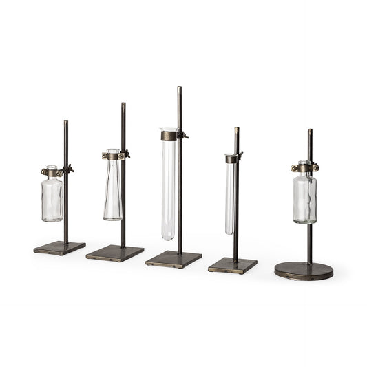 Set of Two Dark Brown Abstract Cylinder Metal Table Vase