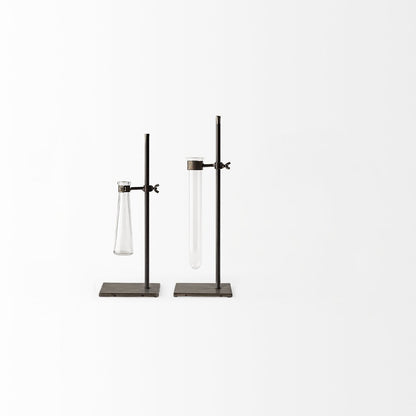 Set of Two Dark Brown Abstract Metal Cylinder Table Vases