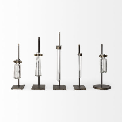 Set of Two Dark Brown Abstract Metal Cylinder Table Vases