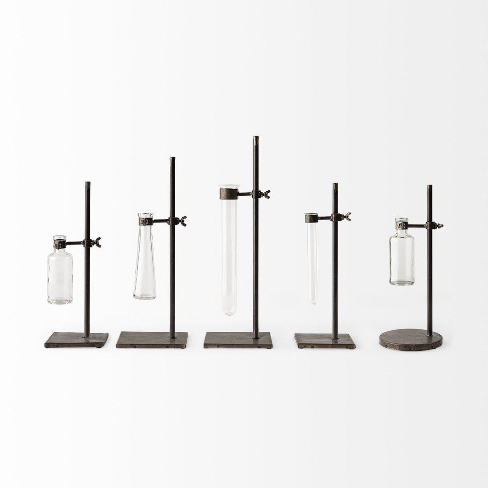 Set of Two Dark Brown Abstract Metal Cylinder Table Vases