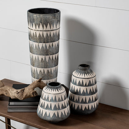 10" Gray And Ivory Abstract Cylinder Ceramic Table Vase