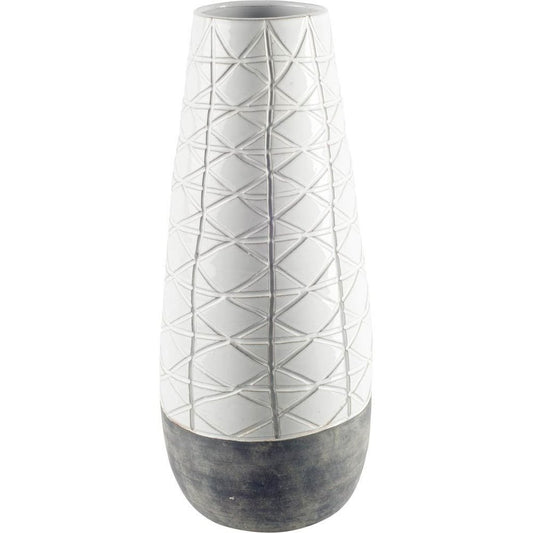 21" Gray And White Abstract Cylinder Ceramic Table Vase
