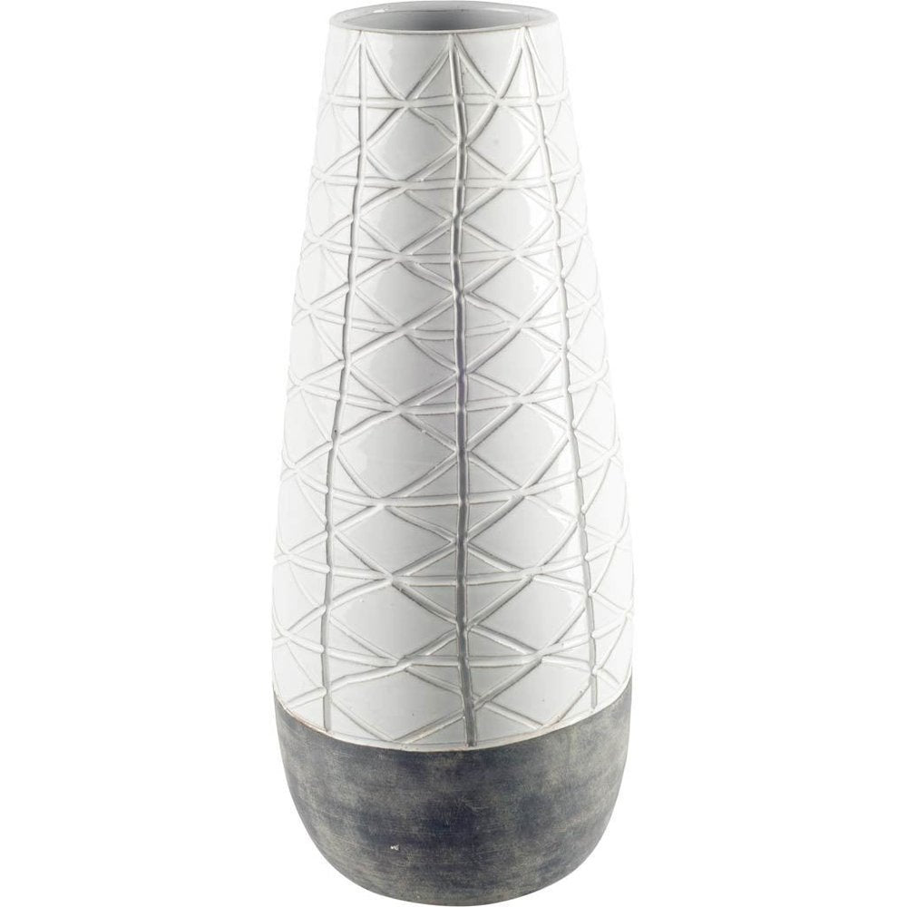 21" Gray And White Abstract Cylinder Ceramic Table Vase