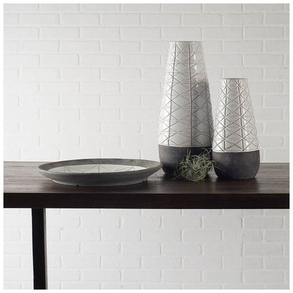 21" Gray And White Abstract Cylinder Ceramic Table Vase
