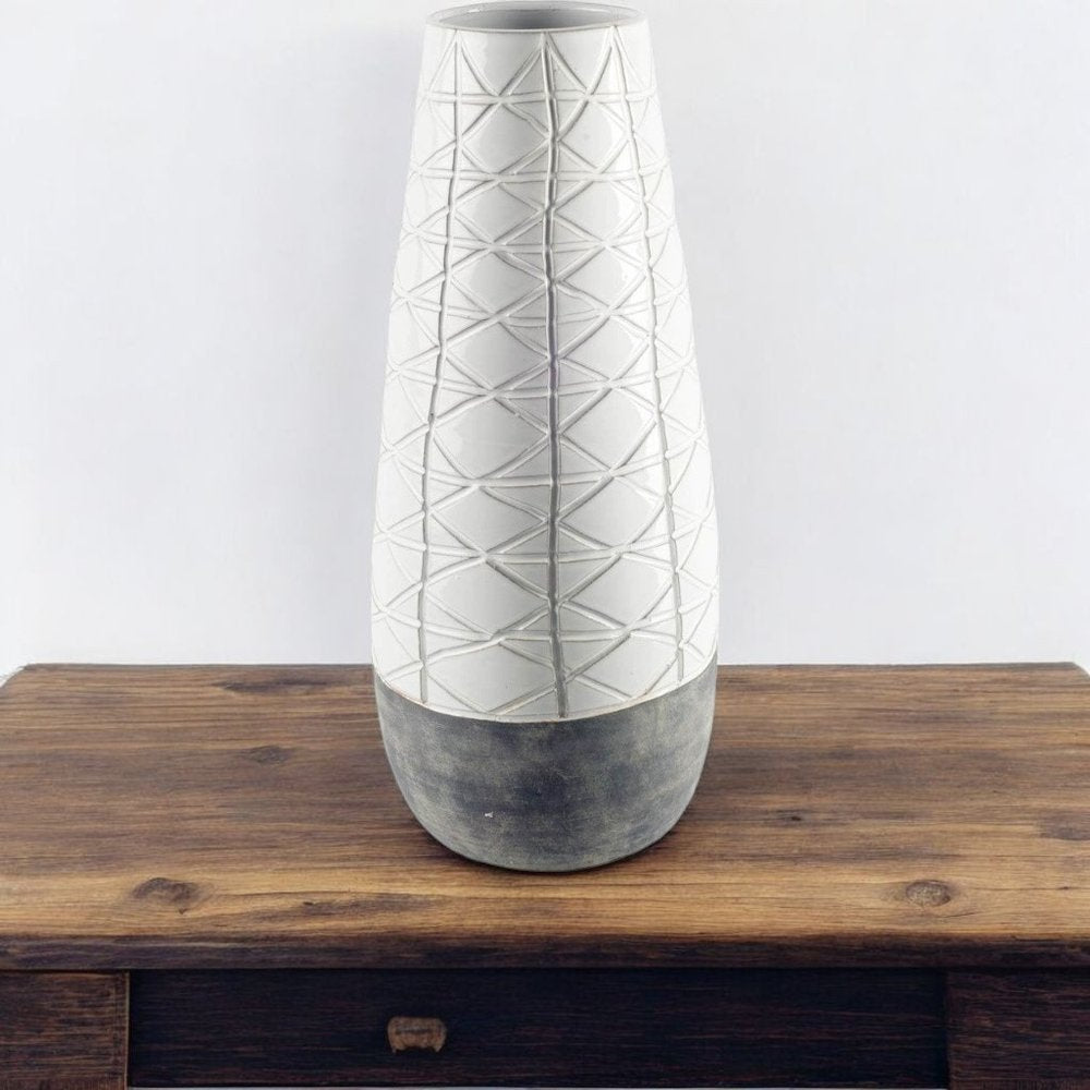 21" Gray And White Abstract Cylinder Ceramic Table Vase
