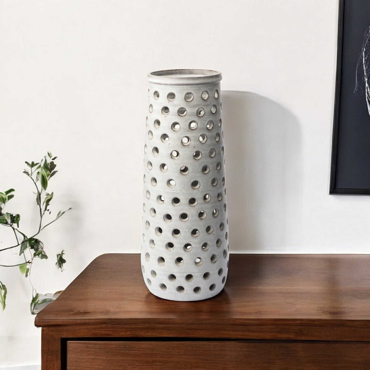 19" White Abstract Cylinder Ceramic Table Vase