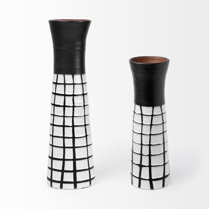 24" Black And White Abstract Cylinder Ceramic Table Vase