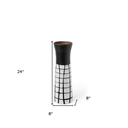 24" Black And White Abstract Cylinder Ceramic Table Vase