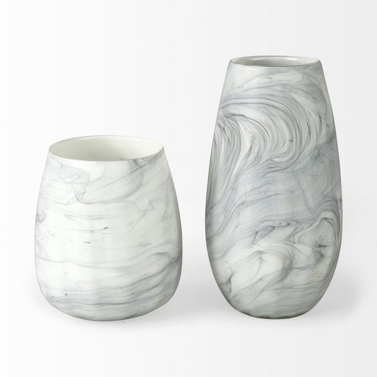12" Gray And White Abstract Cylinder Crystal Glass Table Vase