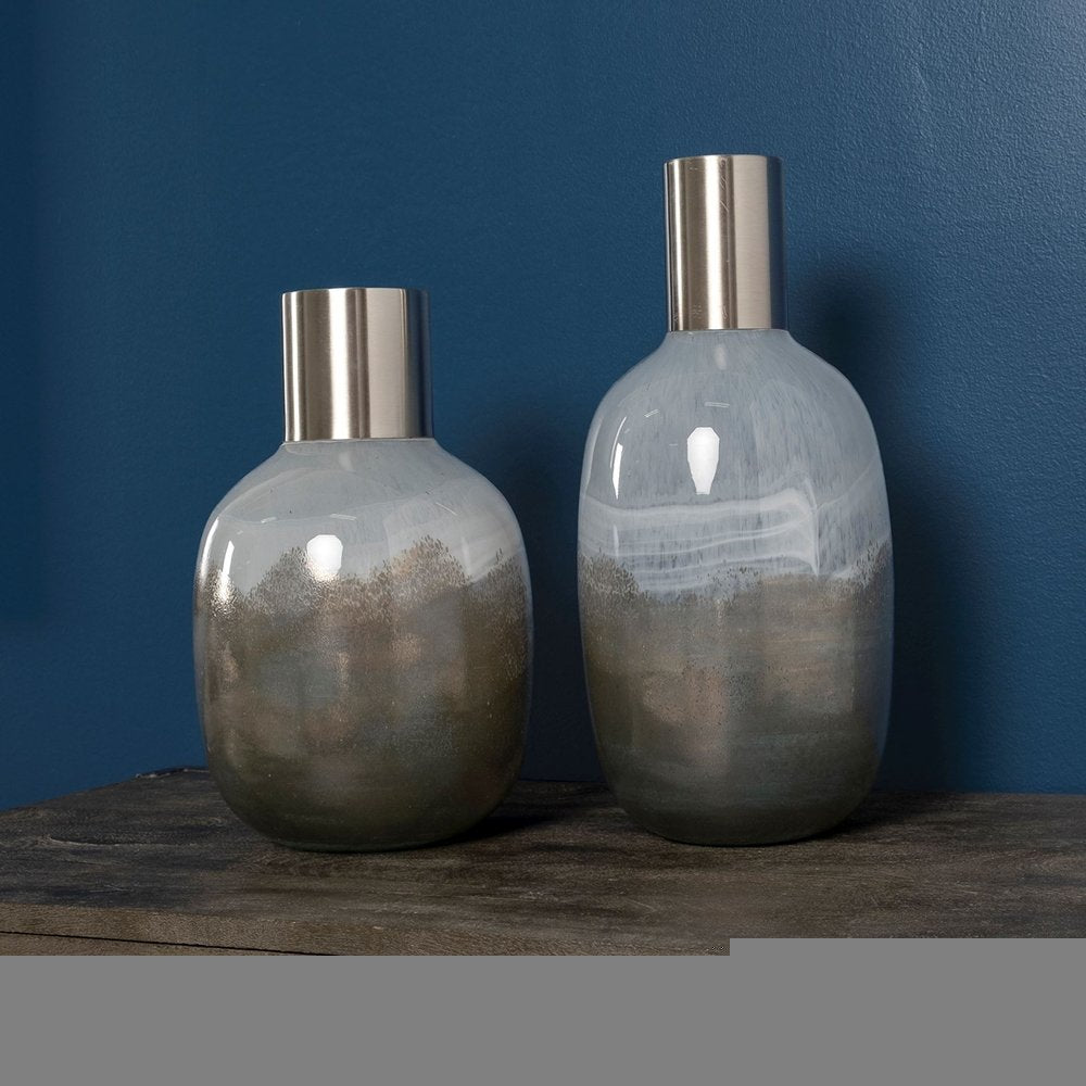 13" Bronze And White Ombre Glass Cylinder Table Vase