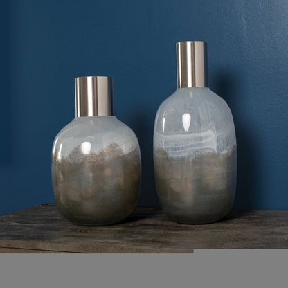 13" Bronze And White Ombre Glass Cylinder Table Vase