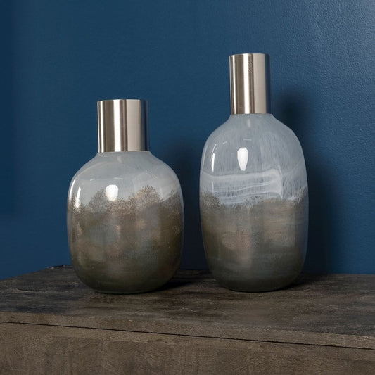 16" Bronze And White Ombre Glass Cylinder Table Vase