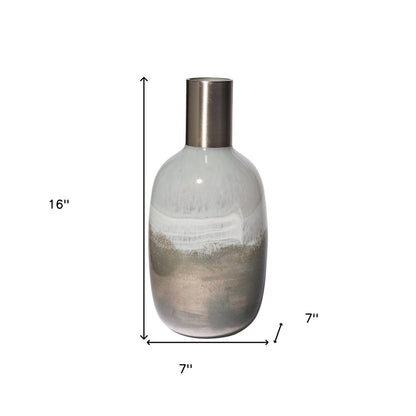 16" Bronze And White Ombre Glass Cylinder Table Vase