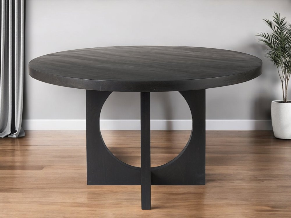 54" Black Rounded Solid Wood Pedestal Base Dining Table