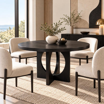 54" Black Rounded Solid Wood Pedestal Base Dining Table