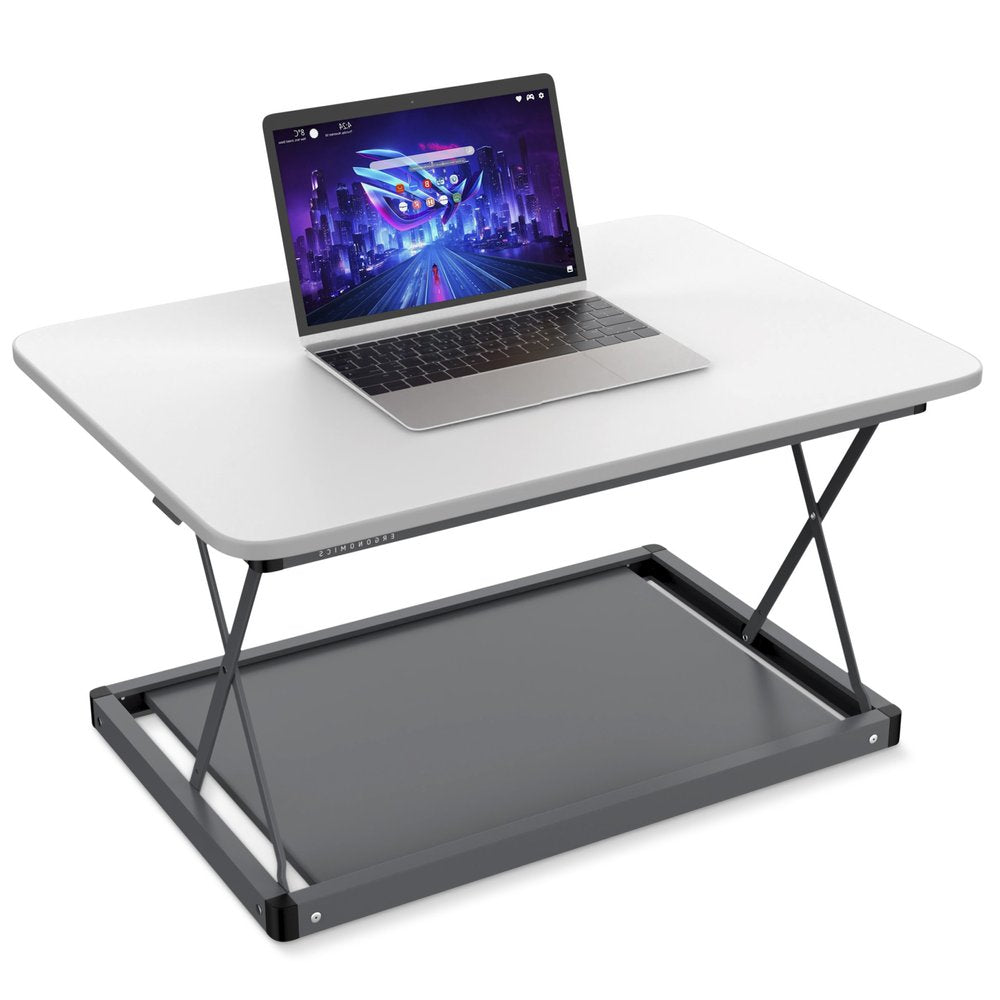28" Adjustable White and Silver Stainless Steel Standing Desk Converter
