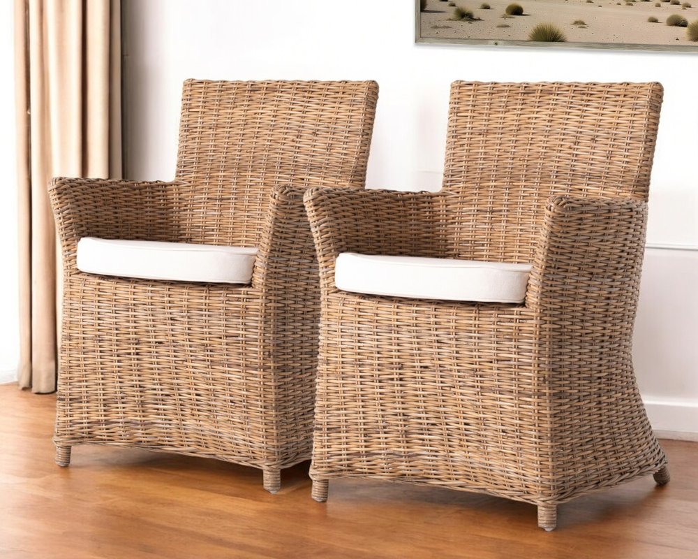 Set of Two Cream And Natural Rattan Dining Arm Chairs