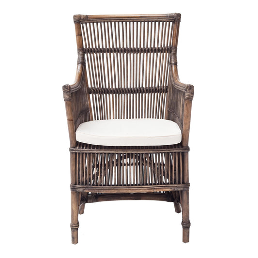 Set of Two Cream And Dark Brown Rattan Slat Back Dining Arm Chairs