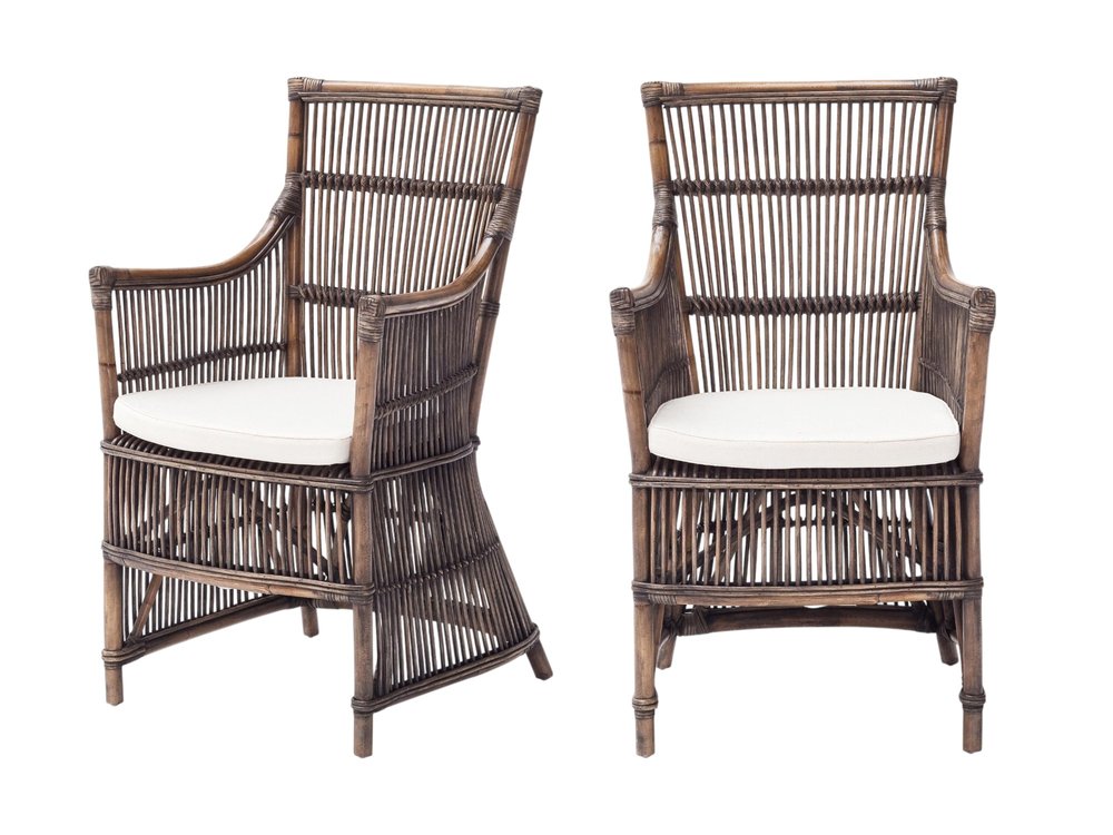 Set of Two Cream And Dark Brown Rattan Slat Back Dining Arm Chairs