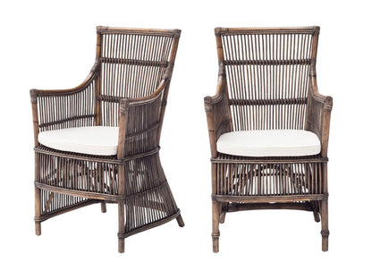 Set of Two Cream And Dark Brown Rattan Slat Back Dining Arm Chairs