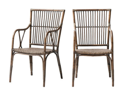 Set of Two Natural Rattan Slat Back Dining Arm Chairs