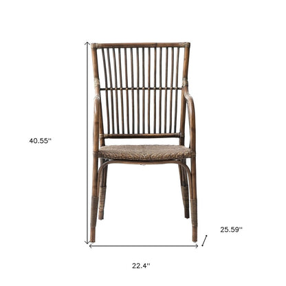 Set of Two Natural Rattan Slat Back Dining Arm Chairs