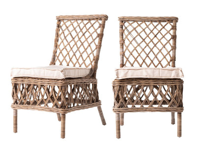 Set of Two Cream And Natural Rattan Cross Back Dining Parsons Chairs
