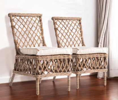 Set of Two Cream And Natural Rattan Cross Back Dining Parsons Chairs