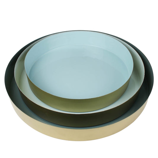 Set of Three Gold And Blue Round Metal Handmade Serving Trays