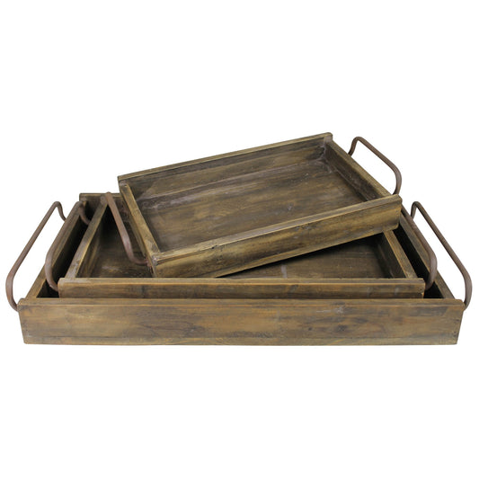 Set of Three Dark Brown Wood Trays With Handles