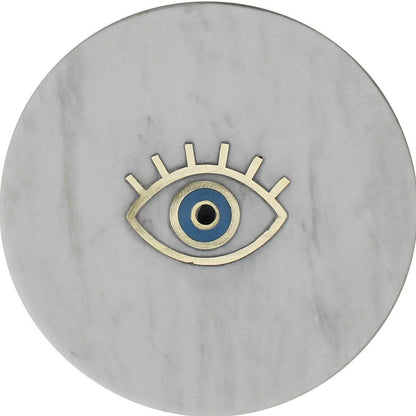 6" Gold And White Round Marble Inlaid Eye Serving Tray