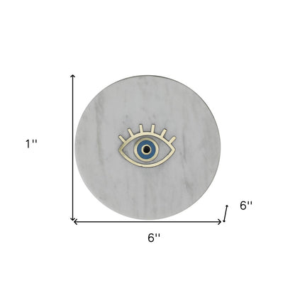 6" Gold And White Round Marble Inlaid Eye Serving Tray