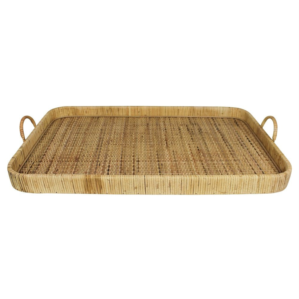 28" Natural Rectangular Bamboo Serving Tray With Handles