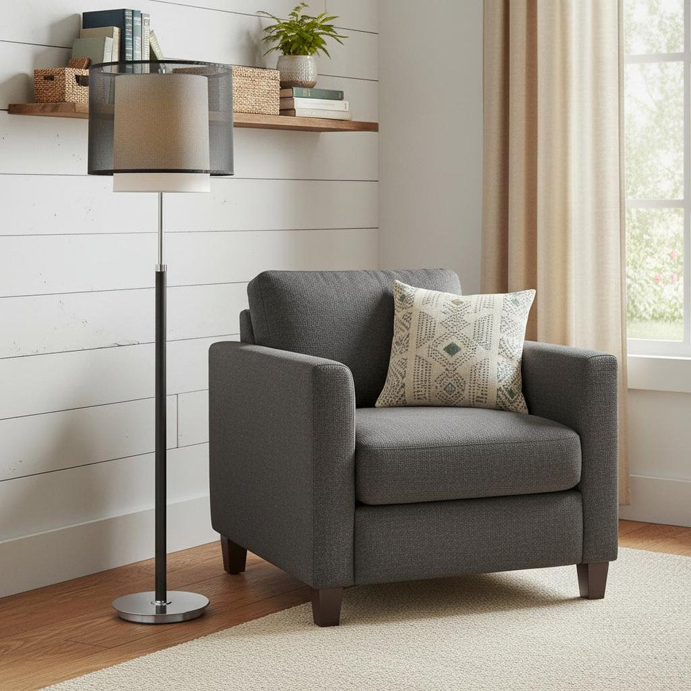 62" Floor Lamp With Black And White Fabric Drum Shade