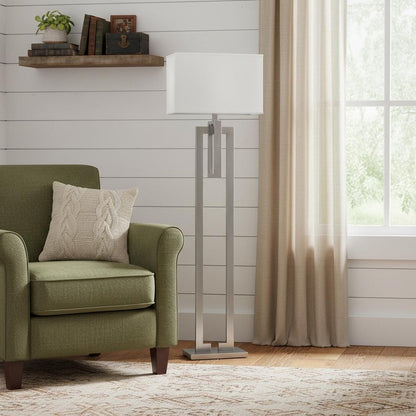 64" Nickel Traditional Shaped Floor Lamp With White Rectangular Shade