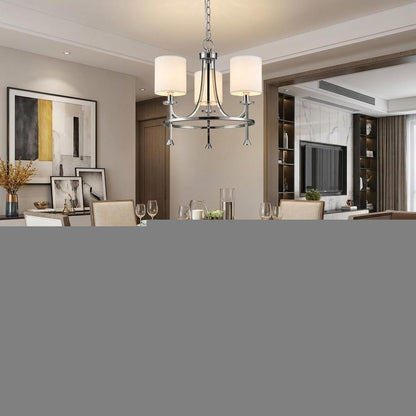 Silver Candle Style Three Light Metal Dimmable Chandelier With White Shades