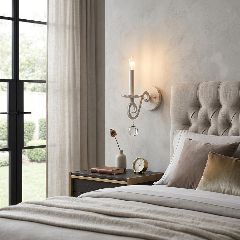 12" Off White Rustic Metal Candle Wall Light With Hanging Crystal