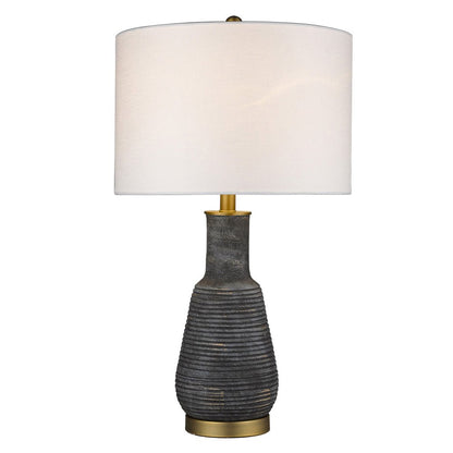 26" Distressed Black and Gold Ceramic Table Lamp With White Drum Shade