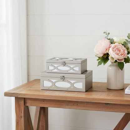 Set of Two Champagne Mirrored Glass And Wood Box With Lid