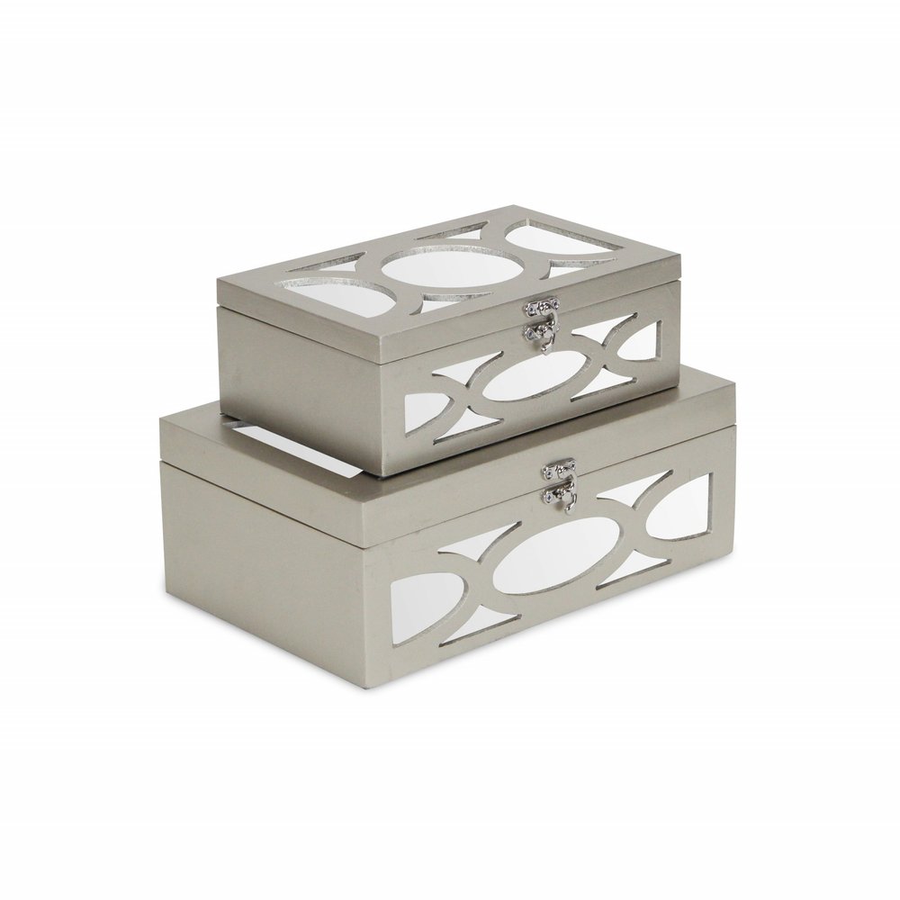 Set of Two Champagne Mirrored Glass And Wood Box With Lid