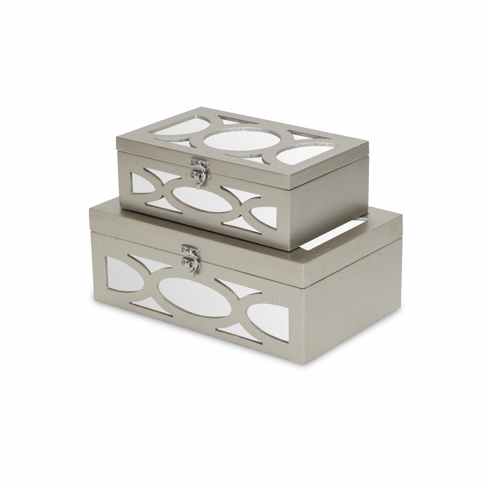Set of Two Champagne Mirrored Glass And Wood Box With Lid