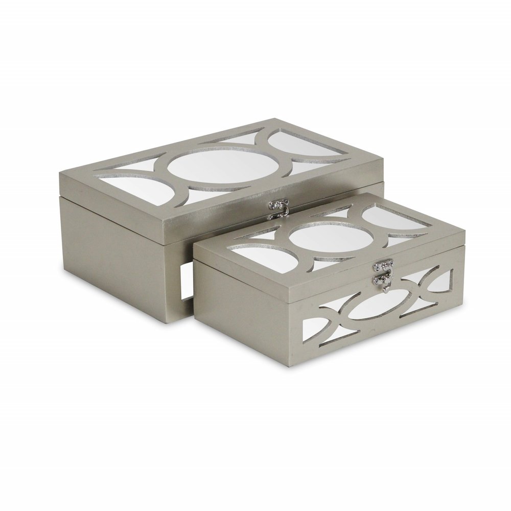 Set of Two Champagne Mirrored Glass And Wood Box With Lid