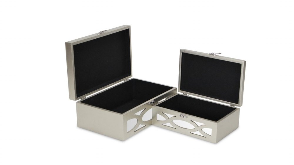 Set of Two Champagne Mirrored Glass And Wood Box With Lid