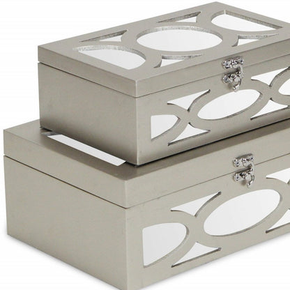 Set of Two Champagne Mirrored Glass And Wood Box With Lid