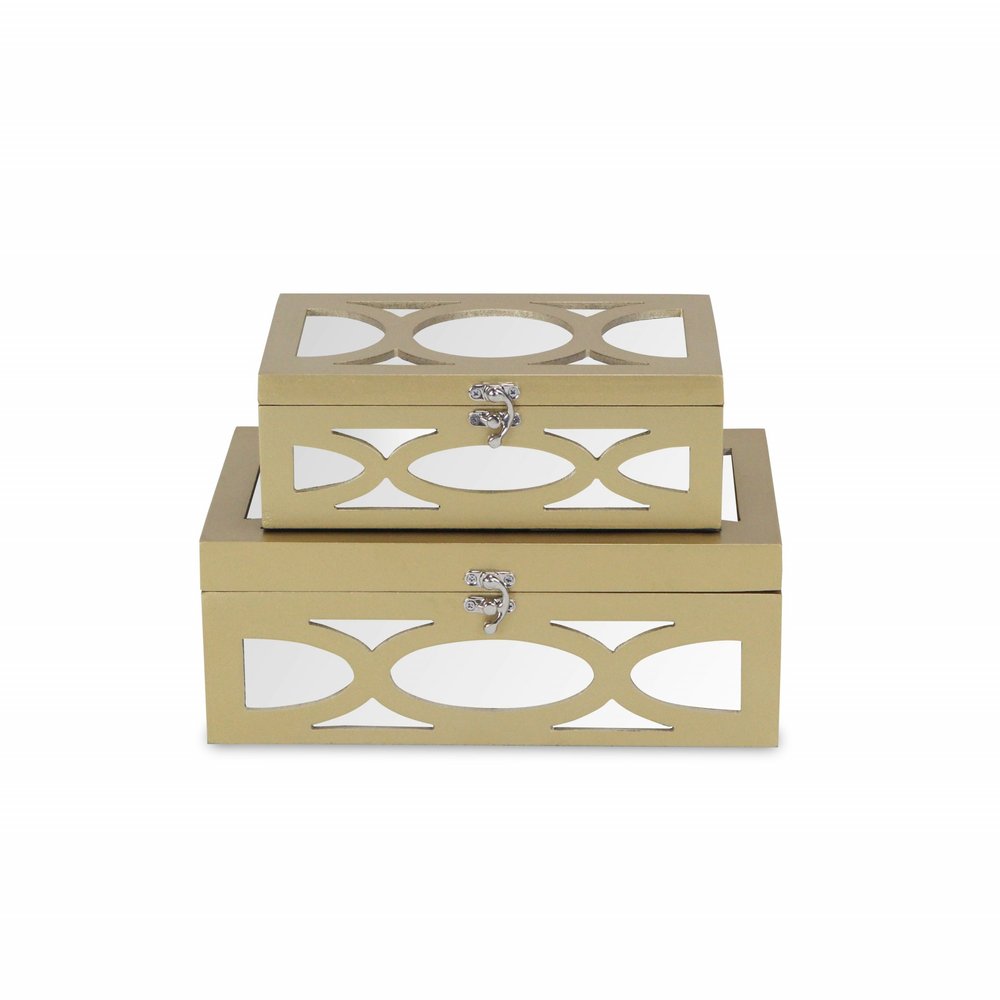 Set of Two Gold Oval Scroll Mirror Jewelry Storage Boxes
