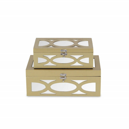 Set of Two Gold Oval Scroll Mirror Jewelry Storage Boxes