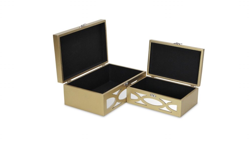 Set of Two Gold Oval Scroll Mirror Jewelry Storage Boxes