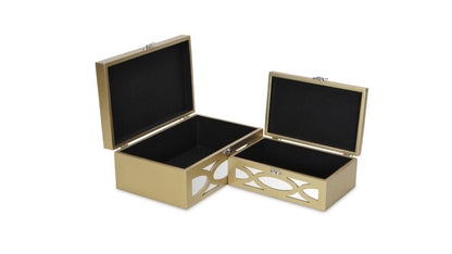 Set of Two Gold Oval Scroll Mirror Jewelry Storage Boxes