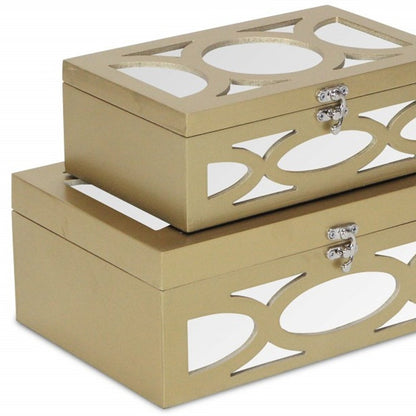 Set of Two Gold Oval Scroll Mirror Jewelry Storage Boxes