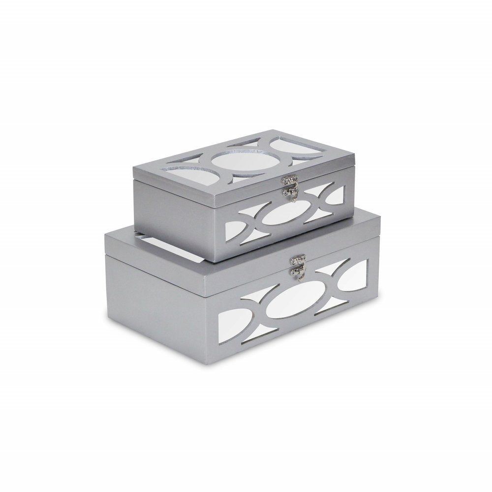 Set of Two Silver Mirrored Glass And Wood Box With Lid